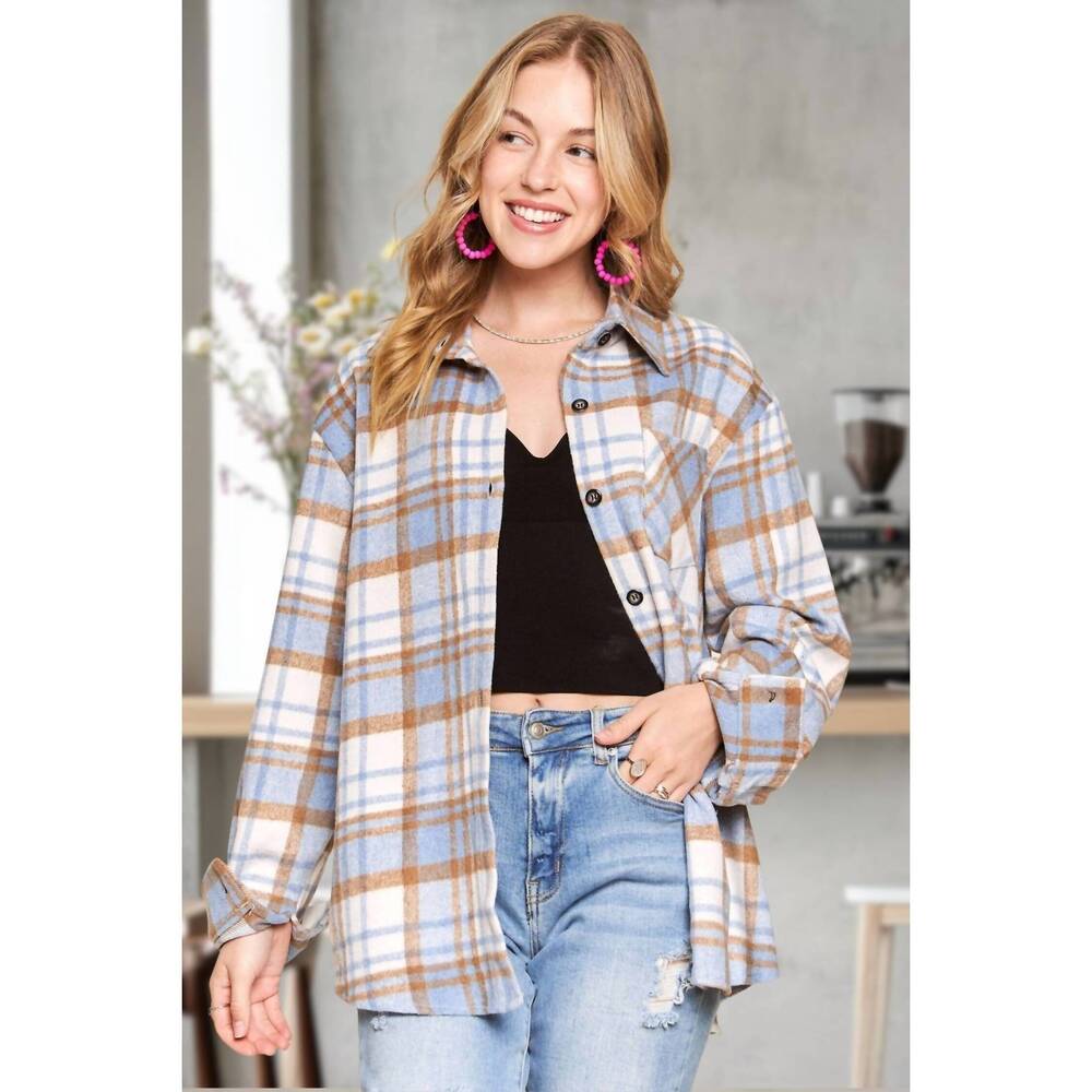 NEW ADORA plaid flannel shacket with long sleeve in blue multi